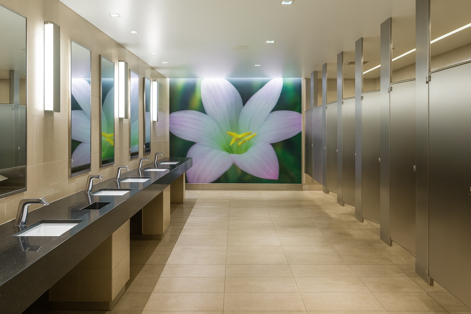 Healthcare restroom with PVD-coated faucets